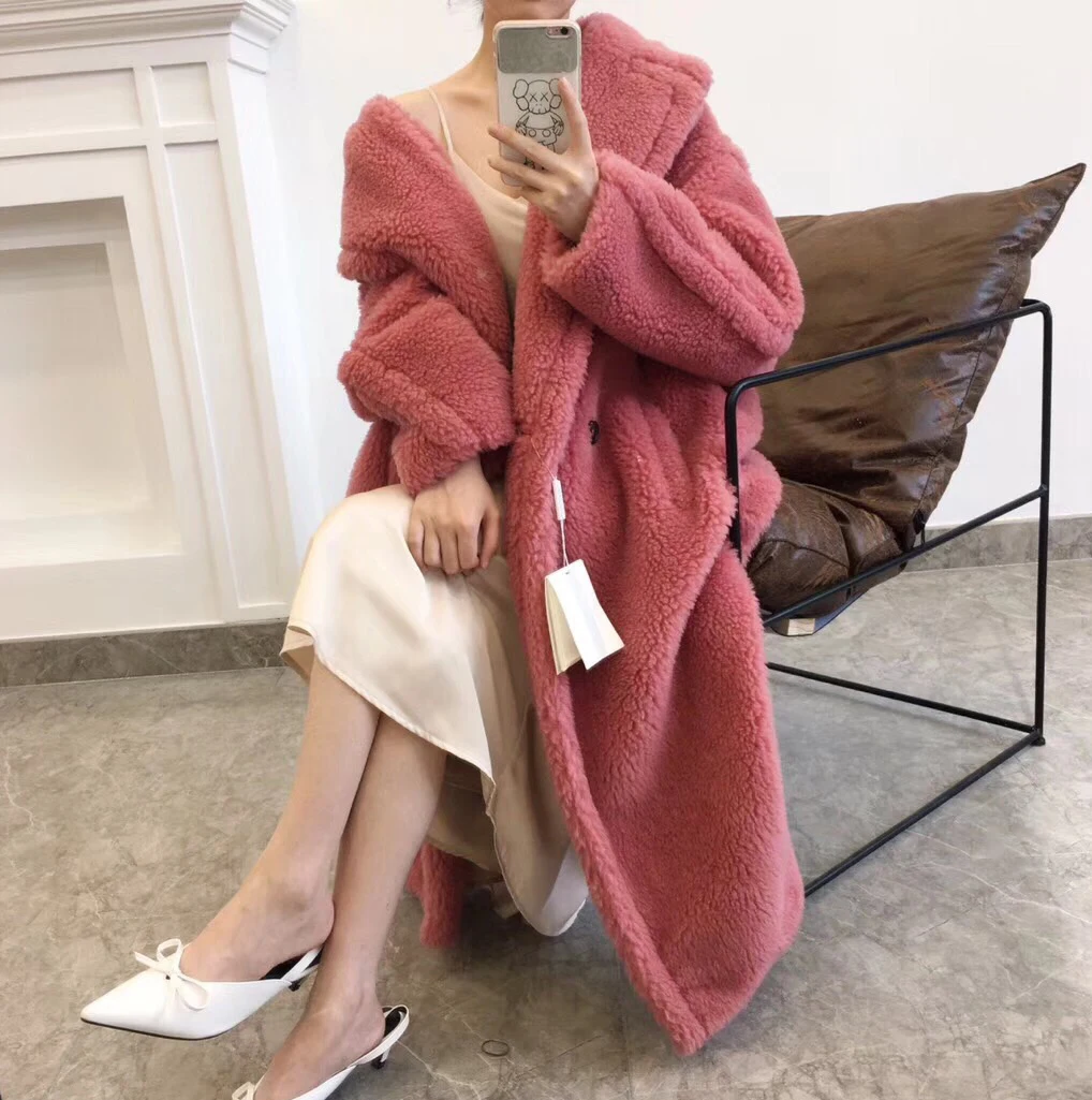 Кораллово-Красный Instagram популярная зимняя верхняя одежда, зимнее пальто, настоящая оторочка из овечьей шерсти, пальто для женщин - Цвет: Кораллово-Красный
