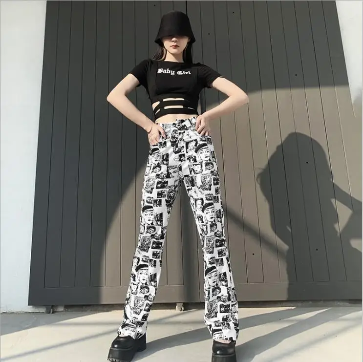 

2021 New Women\u00b4 Y2K Print Button Up High Waist Pants 90s Straight Pants Fashion Style