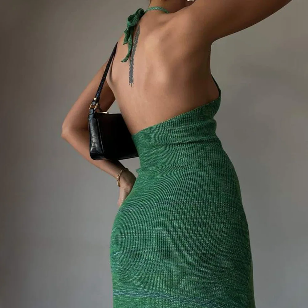

Halter V-Neck Knitted Women's Midi Dress Sexy Backless Seeveless Fashion Summer Sweater Dresses Bodycon Vestido