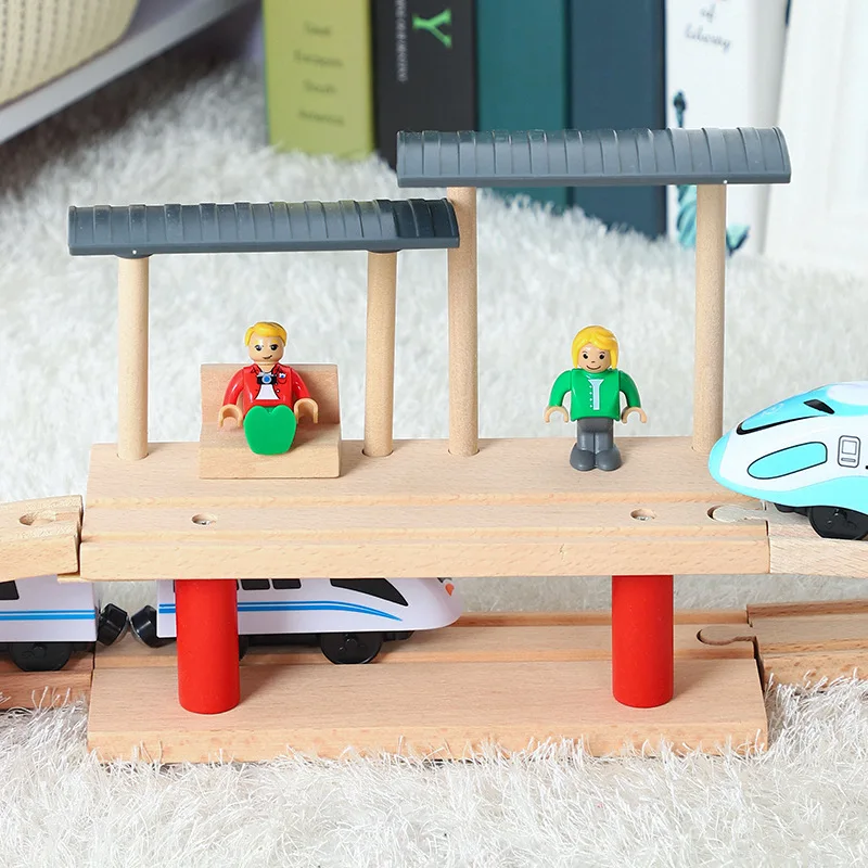 

Wooden double-layer train track platform compatible with wooden train track toy accessories children train traffic track toy