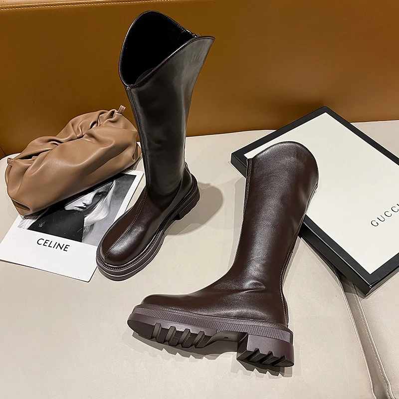 

2021 Women's Winter New High Boots Solid Color Round Head Square Heel Thick Bottom Zipper Plus Velvet Outdoor Comfortable Boots