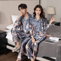 couples print 2pcs sleep set shirtpants silky pajamas suit bridal wedding gift casual homewear nightwear kimono bathrobe gown