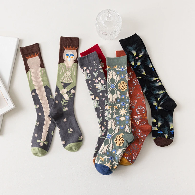 

Женские высокие чулки выше колена, Хлопковые гольфы в ретро стиле с абстрактным изображением масляных красок, длинные носки, женские теплые...