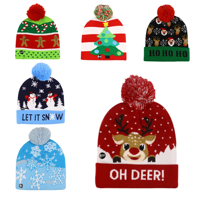 

2022 Designer Bonnets Winter Hats for Women Christmas Elk Christmas Tree Cuffed Ball Knitted Hat with LED Colorful Lights Beanie