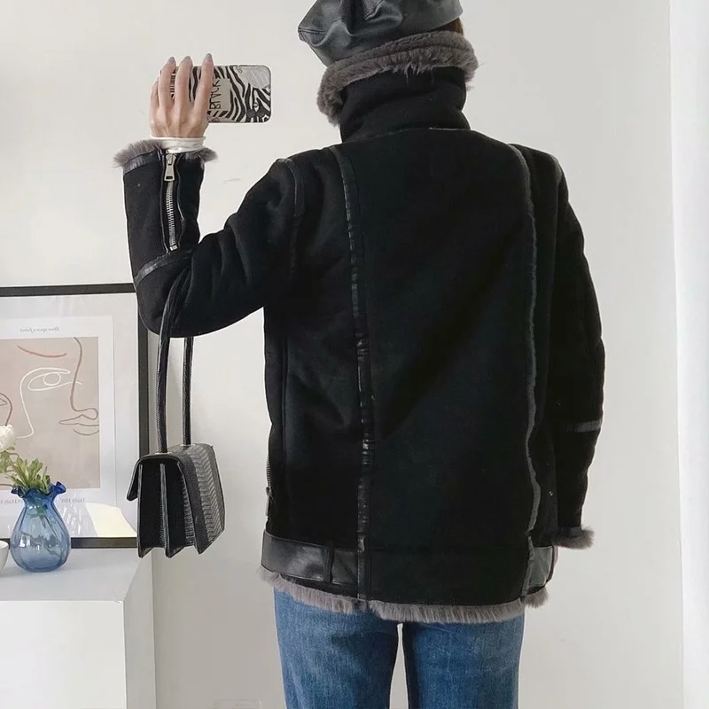 New Fur Lamb Hair Solid Patchwork Zipper Design Casual Jackets Women European and American Style Plus Velvet Double-sided Coats