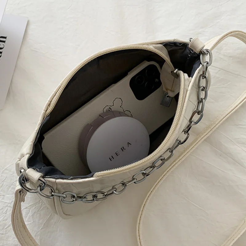 

Spring New Retro Baguette Bag for Women Chain Shoulder Bag Stone Grain PU Zipper Crossbody Bag