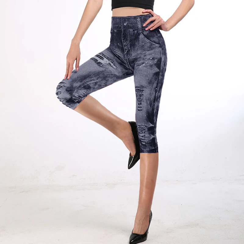 

Fitness 3/4 Lady Faux Jean Pants Women High Waist Super Elastic Slim Jegging Plus Size 3XL Yoga Short Leggings 2020