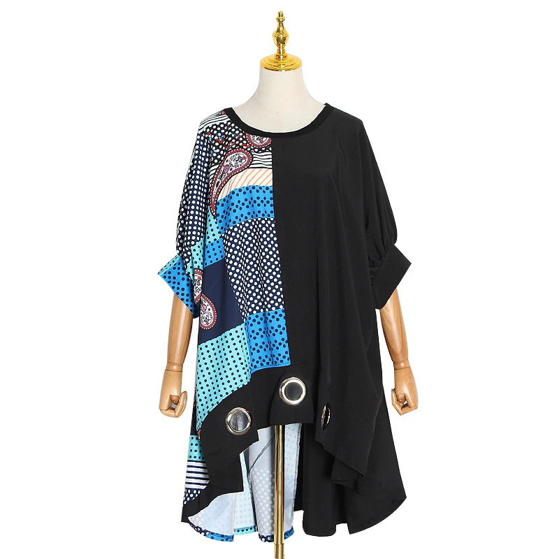 

VGH Print Dress For Women O Neck Batwing Three Quarter Sleeve Casual Loose Hit Color Hollow Out Dresses Female 2021 New Spring