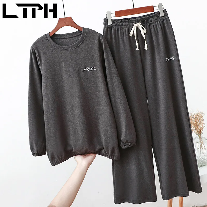 LTPH-Conjunto de 2 piezas bordadas para mujer, ropa de talla grande, sudaderas holgadas estilo stayhome, pantalones fáciles de combinar, trajes, primavera 2021