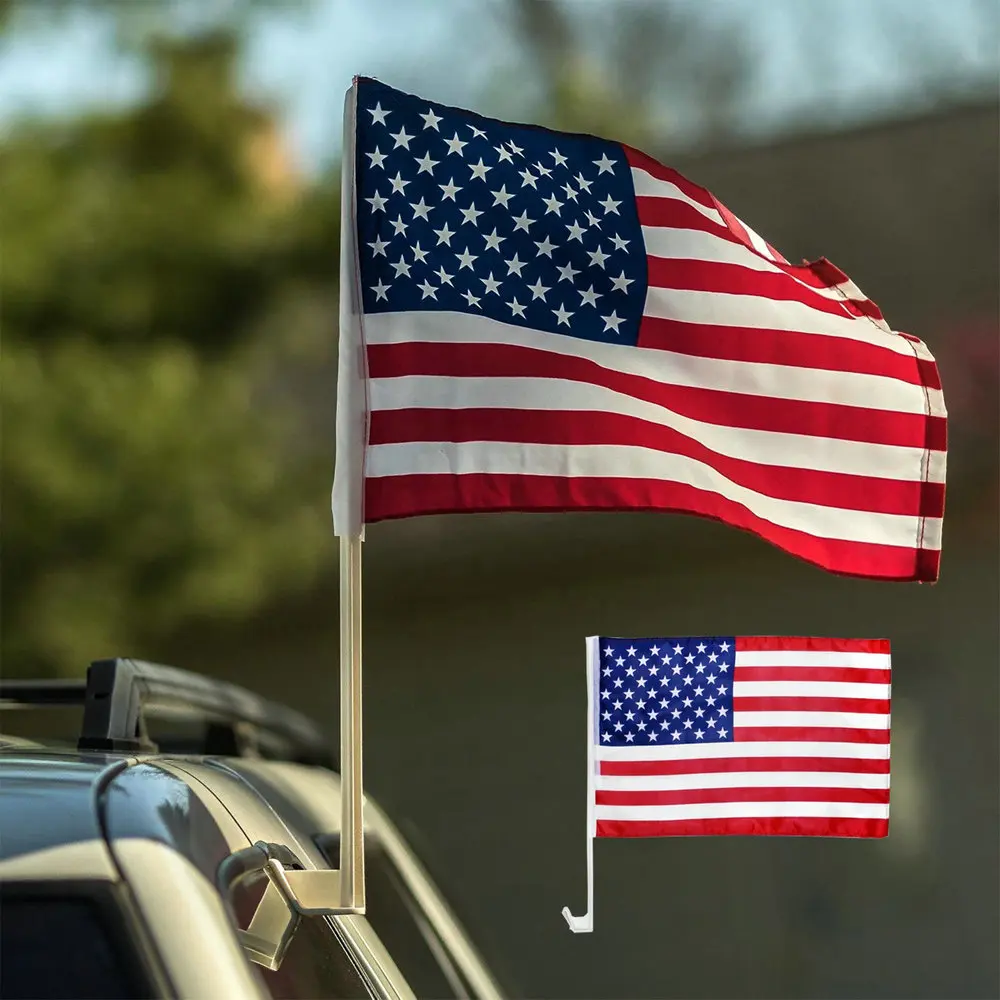 NEW 30x45cm 2pcs American car flag 12x18inch USA window flag bearer standard-bearer waving flags with plastic flagpole