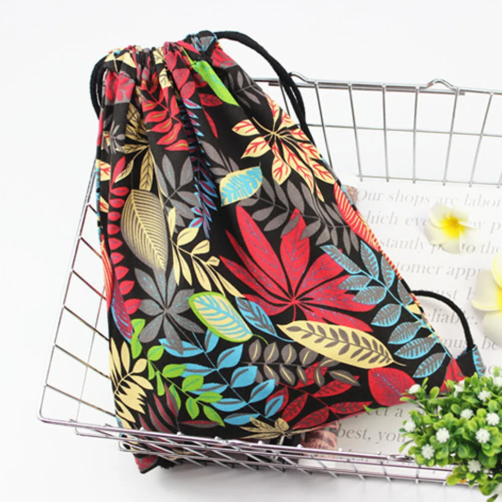 Fashion Women Drawstring backpack Storage Bag Leaf Printing High Capacity Bucket sports bag pocket pouch Shoulder Bag Canvas new
