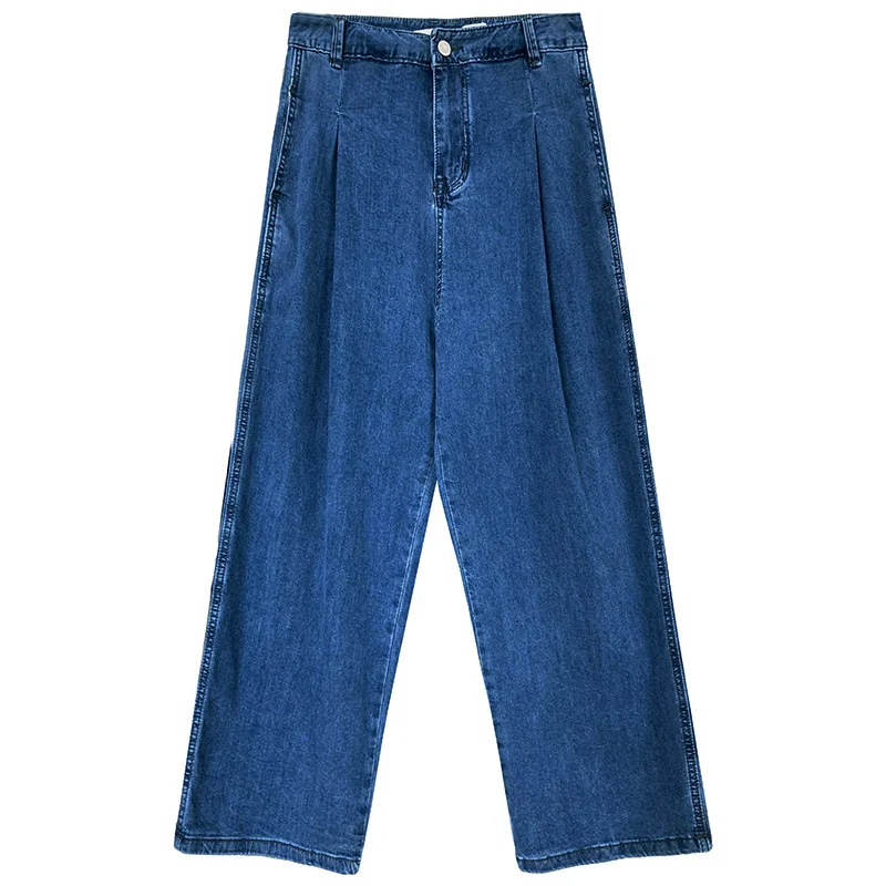 

Yeeloca Fashionable Thin High Waist Wide Leg Jeans 2021 Summer New Loose Navy Blue Denim Pants Casual Straight Bottom