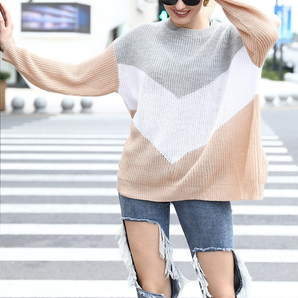 

Winter Autumn Women Loose Knitted Sweater Long Sleeve Pullovers Casual Jumpers Color Block Striped Clothes