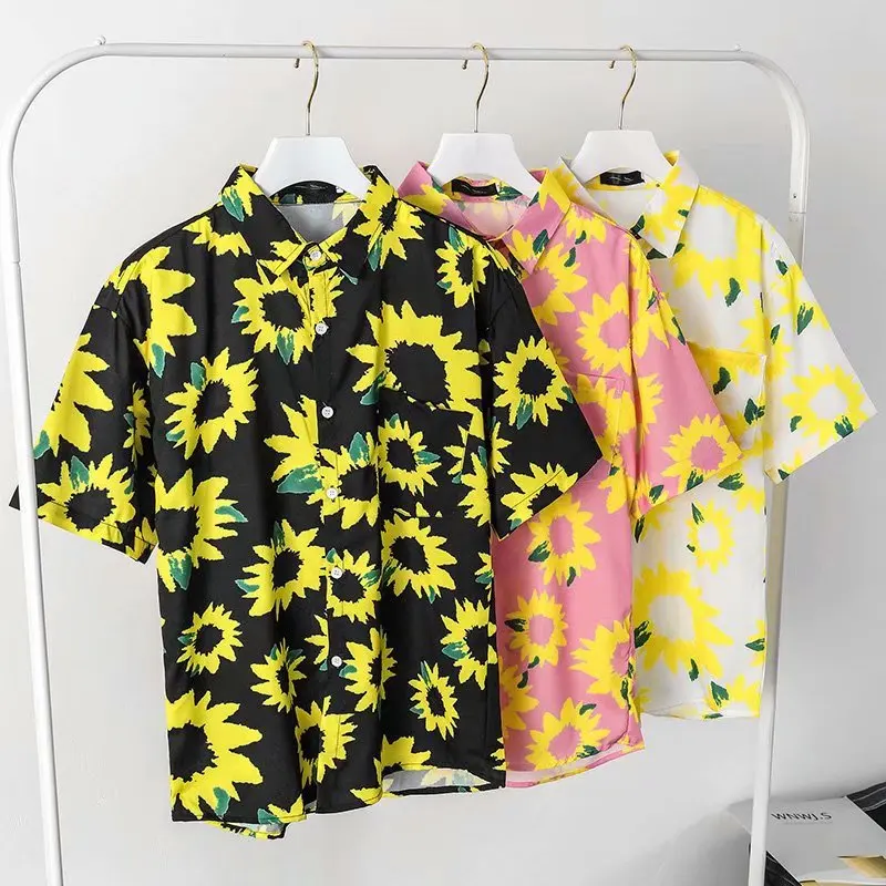 

Men's Sunflower Print Shirt Colorful Summer Short Sleeve Loose Button Shirt Casual Slim Hawaiian Shirt 2021 Men's Shirt