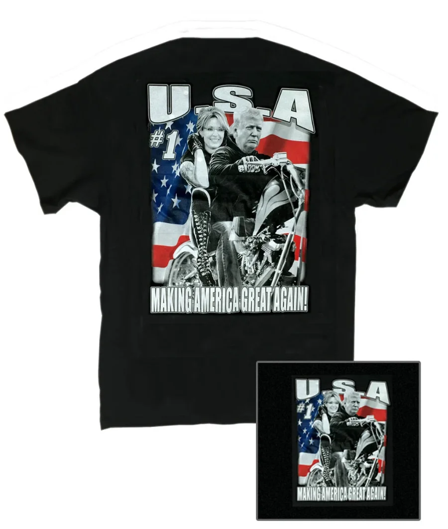 

Biker Trump & Palin Black Men's T-Shirt Summer Short Sleeve Round Neck Cotton Shirt Sz S-XXXL