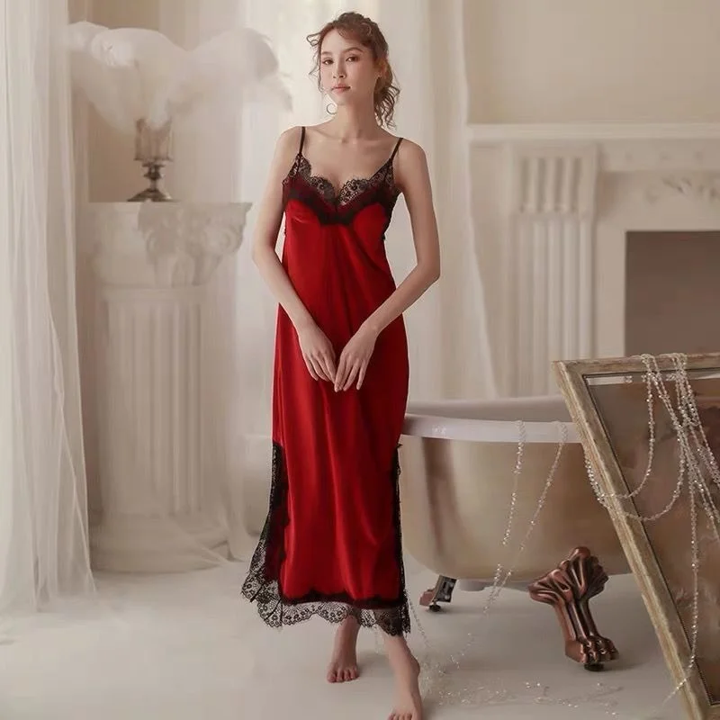 QWEEK Velvet Nightdress Women Sexy Sleepwear Autumn Nightwear Lace Long Dress Nightie Elegant Nightgown Female Robes Vestidos
