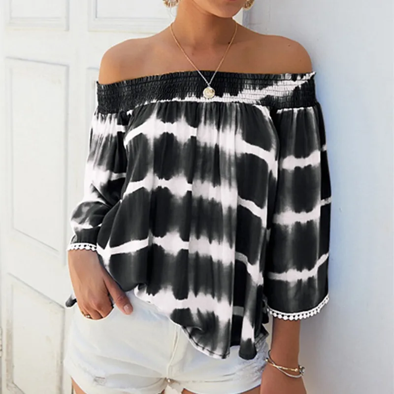 

Spring Summer New 2021 Ladies Backless Print Slash Neck Fashion Loose Women's Blouse Temperament Tie Dye Blouse Womens Tops