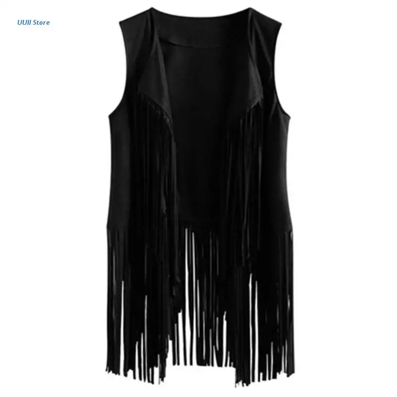 

Women Faux Suede Sleeveless Jacket Fringe Tassels 70s Hippie Open Front Cardigan XX9D