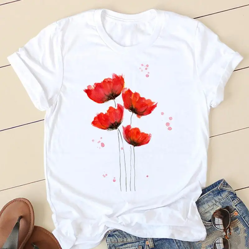 

Футболка женская с цветочным принтом, модная повседневная тенниска с коротким рукавом, топ с графическим принтом, весна-лето