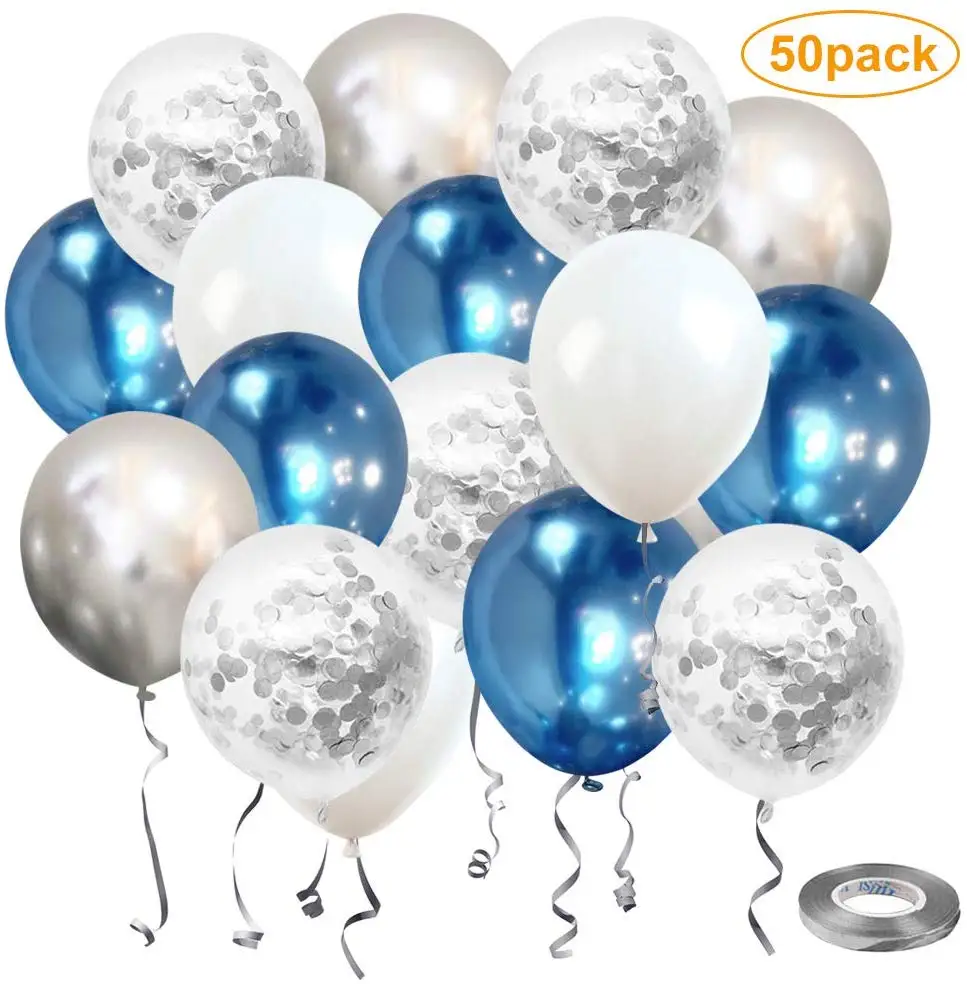 Металлические Синие и серебряные латексные шары конфетти 50 шт 12 дюймовые белые