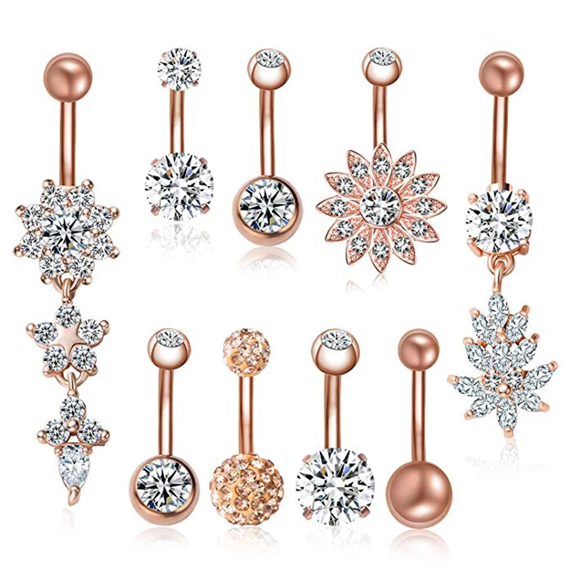 

9PCS 14G Stainless Steel Belly Button Rings CZ Pineapple Dangling Dangle Navel Ring Body Piercing