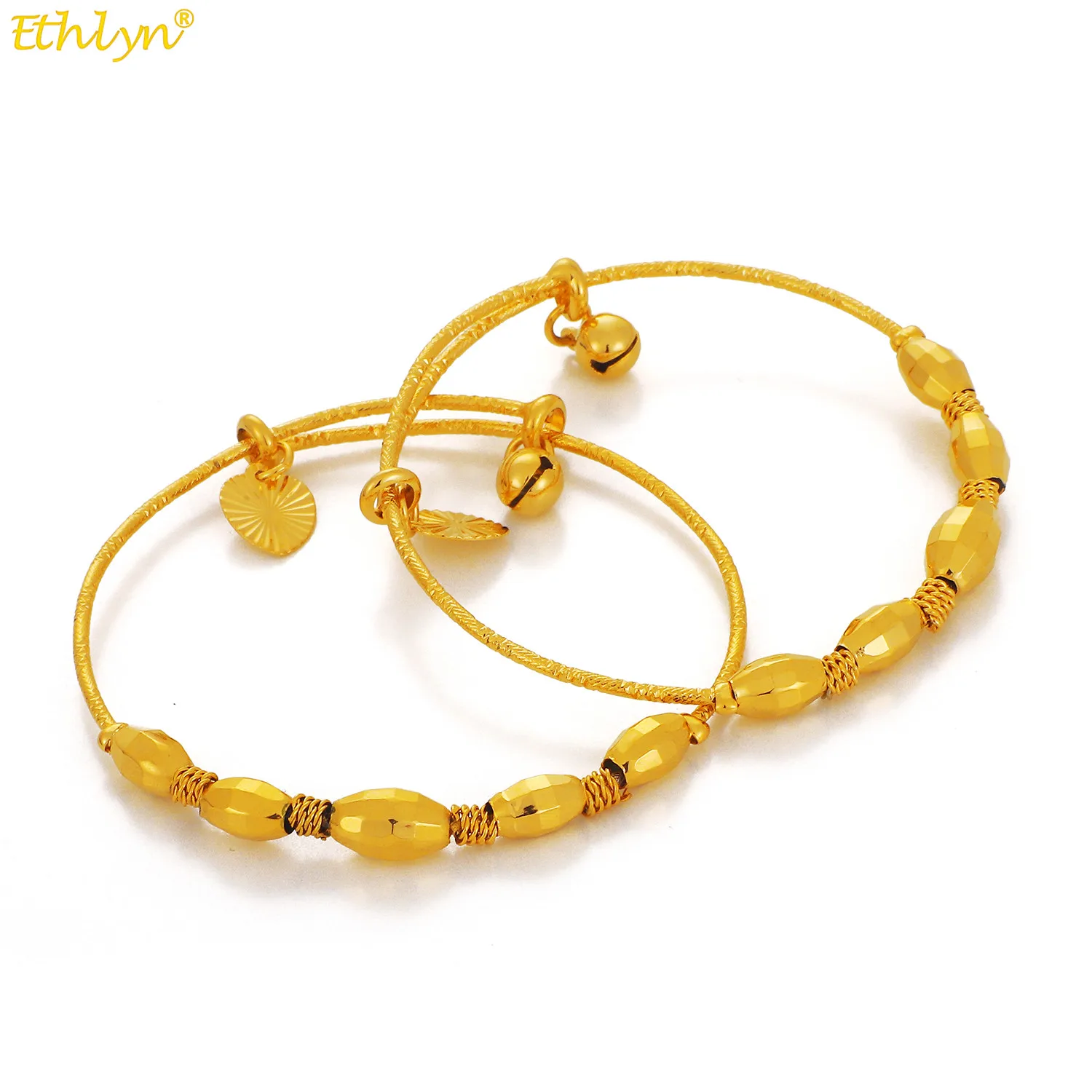 

Ethlyn 2Pcs/Lot Dubai Charm Bracelet for Baby Gold Beads Bangle Cute Bell Heart Kids Girls Jewelry Anklets Arab Gift MY90