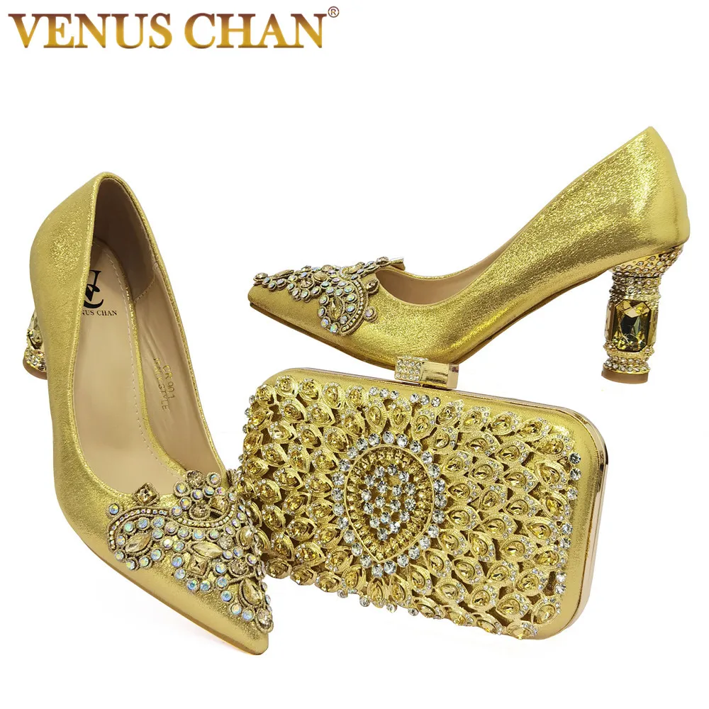 

Venus Chan Arican New Italian design Pointed Diamond heel embroidered rhinestone Ladies Shoe and Bag Set in gold Color