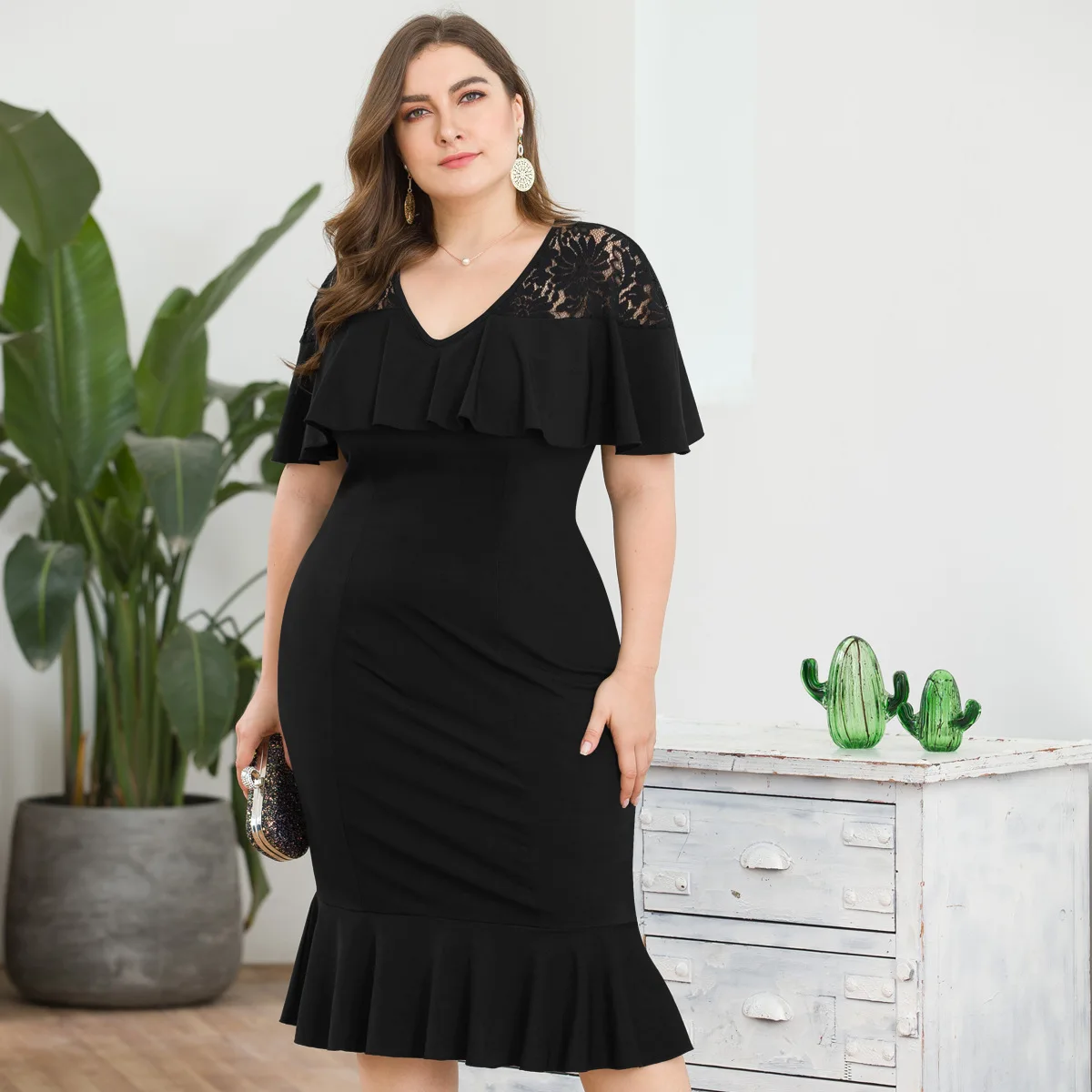 Большие размеры однотонная черная Русалка подол вечерние платья для женщин