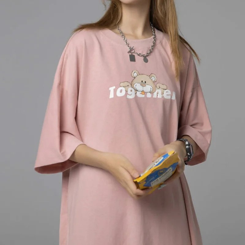 

HOUZHOU White T-shirt Dress Women Summer Oversized Short Dess Kawaii Cartoon Bear Print Casual Vintage Cotton Harajuku Sundress