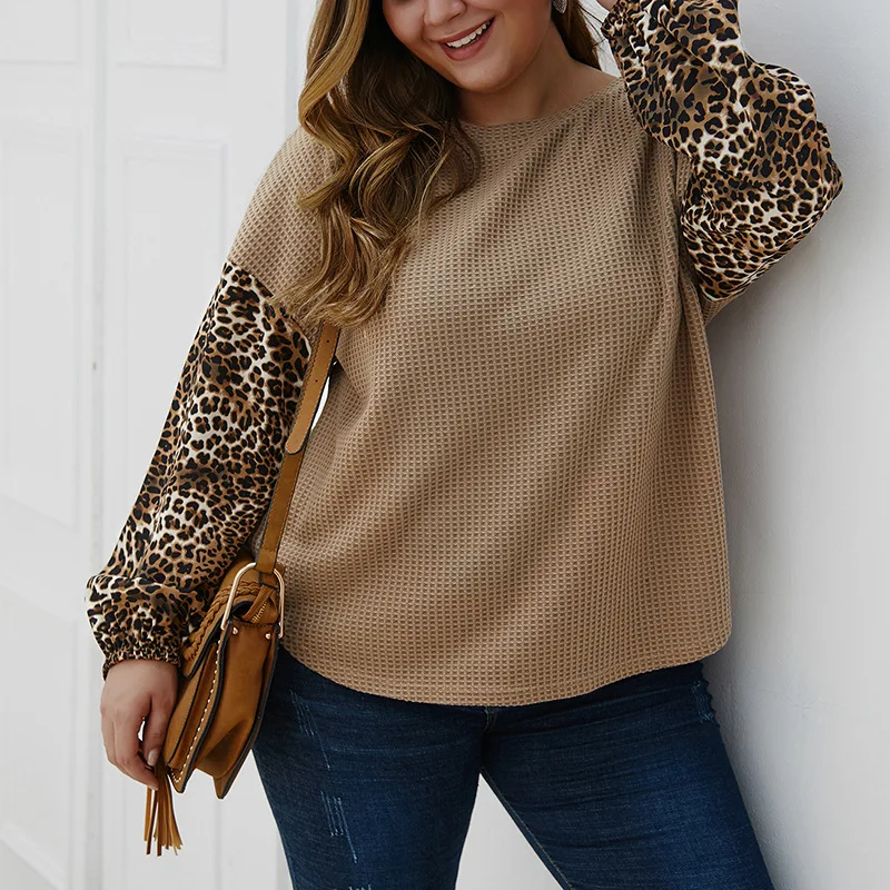 Autumn and winter women's sweater large size 6XL 7XL 8XL 9XL 10XL fashion leopard stitching long sleeve round neck bust 153CM | Женская