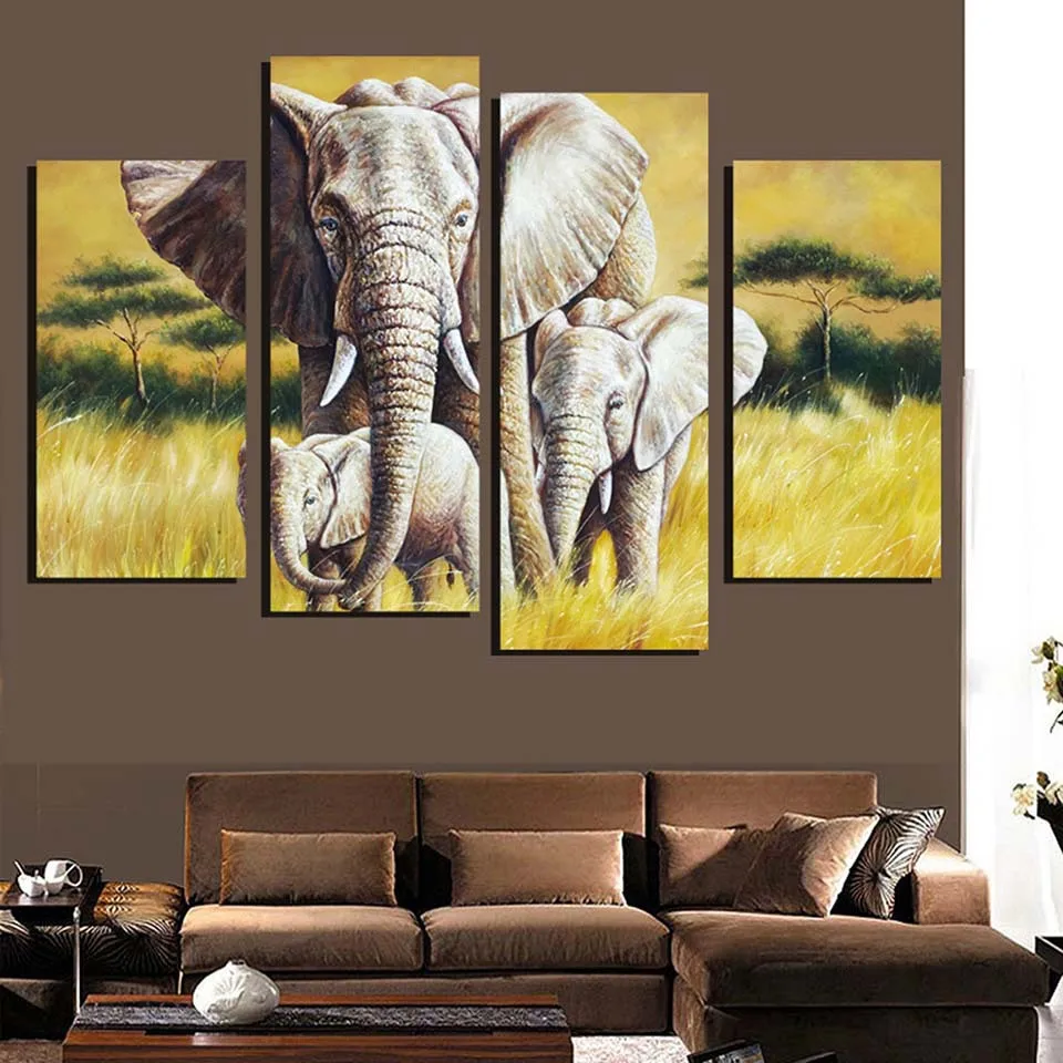 HD модульные работы с картинками четыре панели животных Слон рамки росписи дома