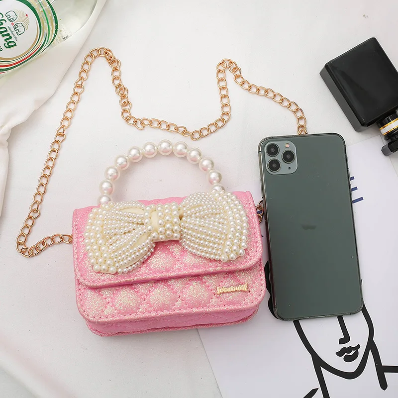 Korean Kids Mini Purses 2020 Cute Pearl Bowknot Crossbody Bags for Baby Girls Small Coin Pouch Party Hand Bag Purse Gift Bag
