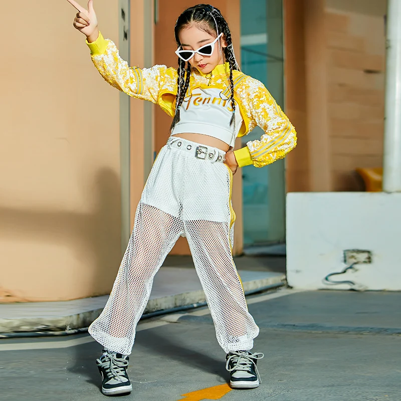 

2022 Jazz Modern Dance Costumes Yellow Crop Tops Loose Pants Suit Street Dance Wear Ballroom Hip Hop Dance Rave Clothes