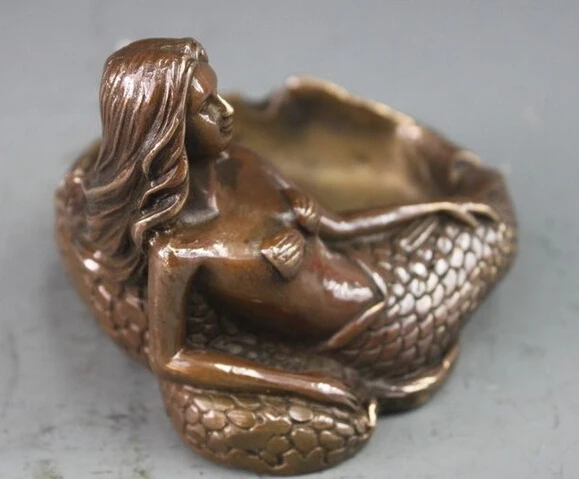 --- 430 + китайская Бронзовая медная статуя резьба Русалка пепельница скульптура |