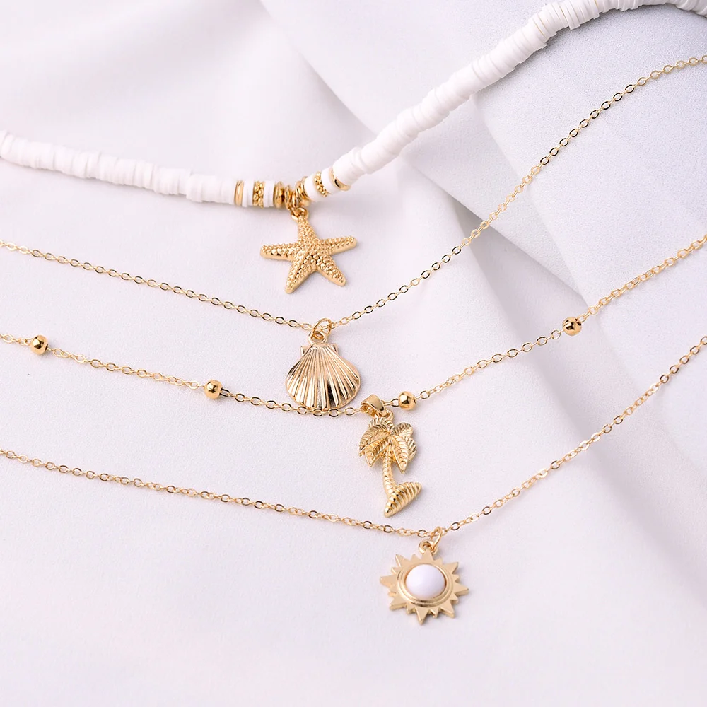 

2021 New Fashion Simple Temperament Necklace Color Starfish Shell Pendant Personality Retro Sweet Multilayered Wearing Jewelry