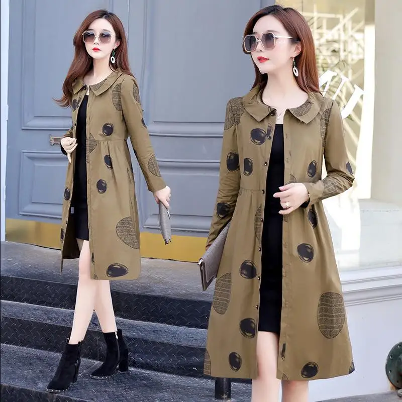 

Large Size Printed Long-sleeved Windbreaker Female 2019 Korean Version of the Autumn Waist Was thin Loose Coat in the Long Coat