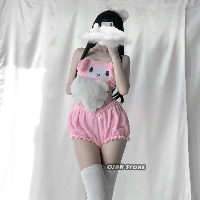 OJBK, сексуальные костюмы AnimeCosplay, бюстгальтер с длинными ушами и панталоны, розовый и белый, Kwaii, бархатный топ-труба и трусики, комплект для девочек