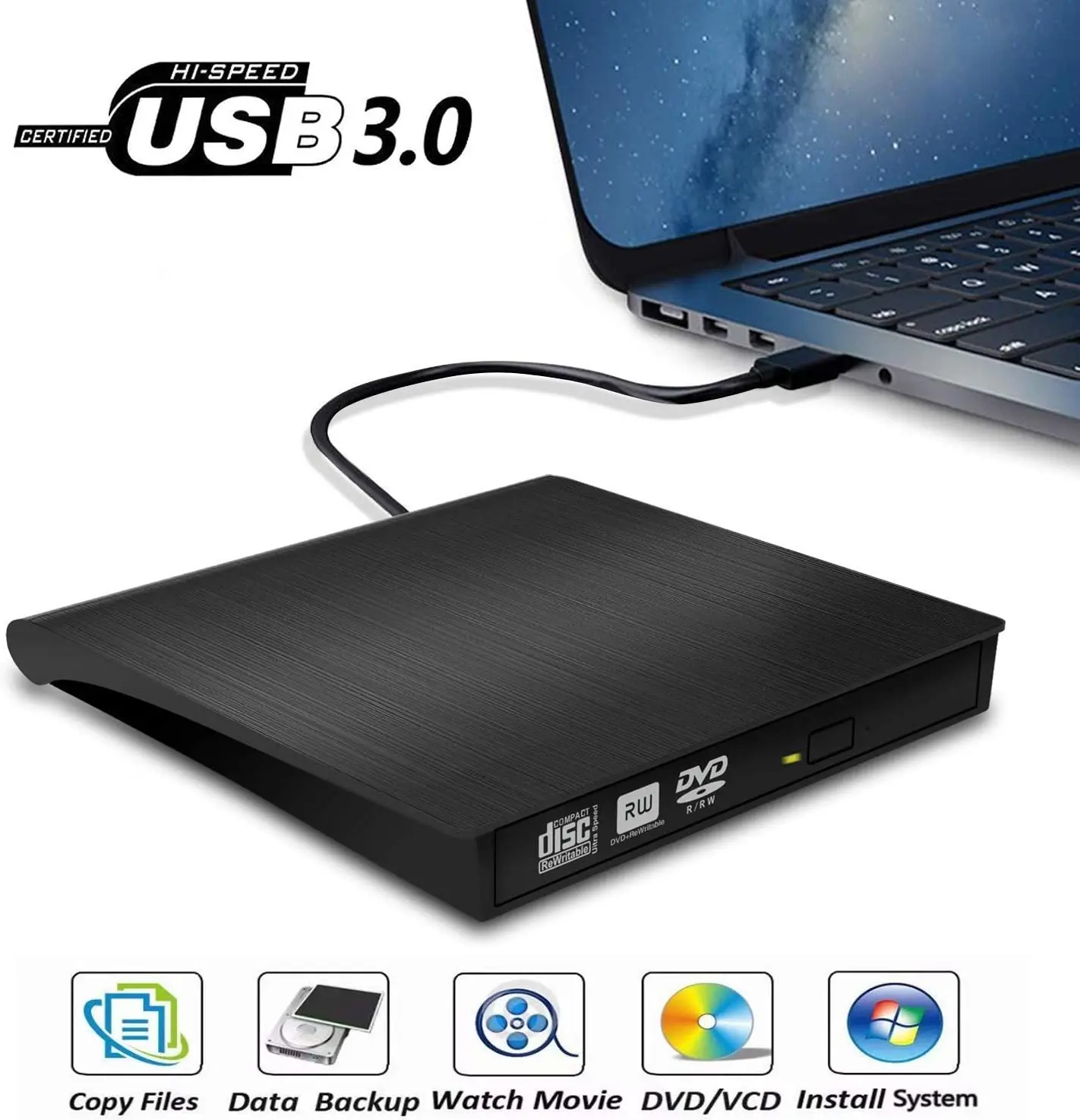 USB 3 0 тонкий внешний DVD RW CD Писатель Привод горелки ридер плеер оптические диски