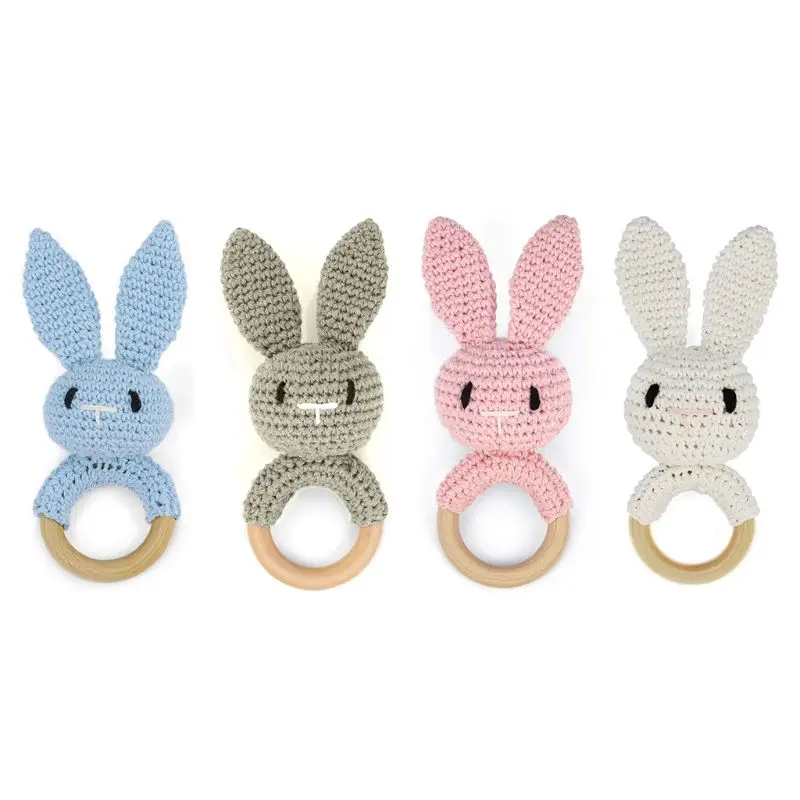 

Baby Wooden Teether Ring DIY Crochet Bunny Rattle Soother Bracelet Infant Teething Molar Play Toy