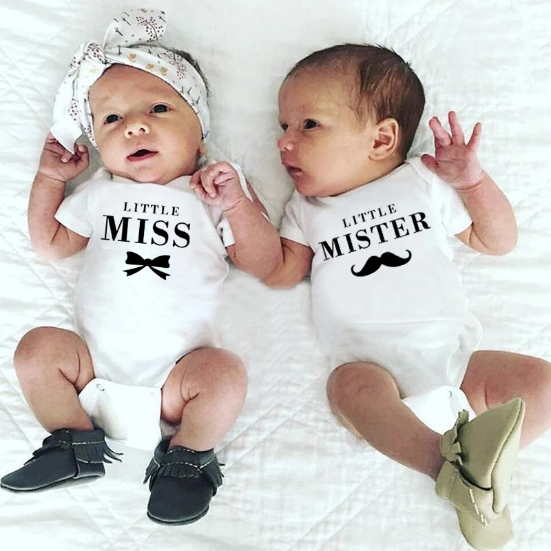 

1Pc Little Miss and Little Mister Baby Girls Boys Summer Short Sleeves Jumpsuit Twins Baby Bodysuits Cotton Romper Wear Clothes