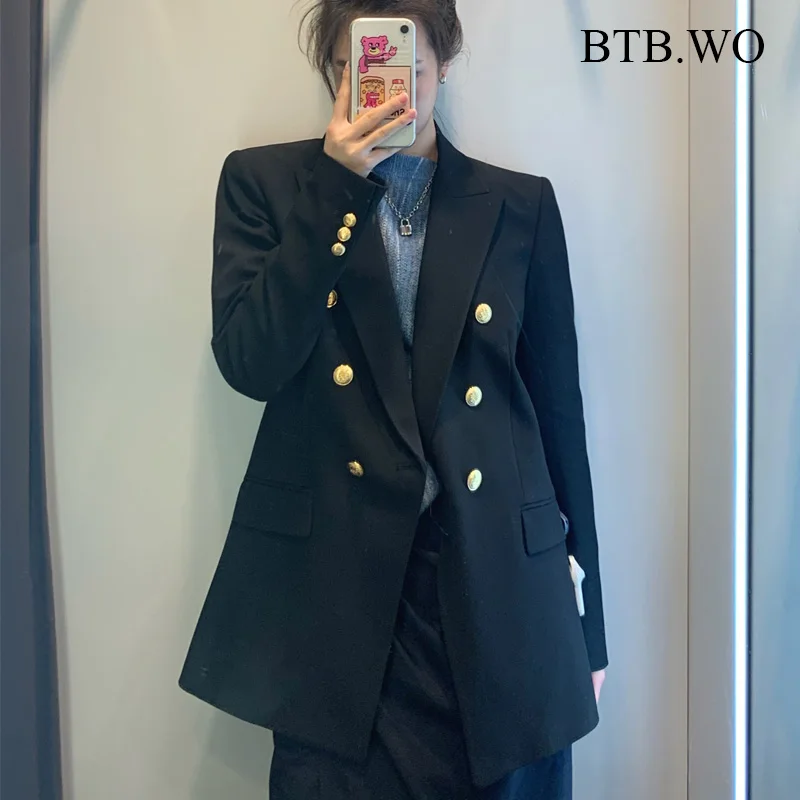 

BTB.WO Za Blazer Women Office Wear Black Blazer Coat Metal Double Breasted Vintage Jacket Female Long Sleeve Outerwear Chic Tops