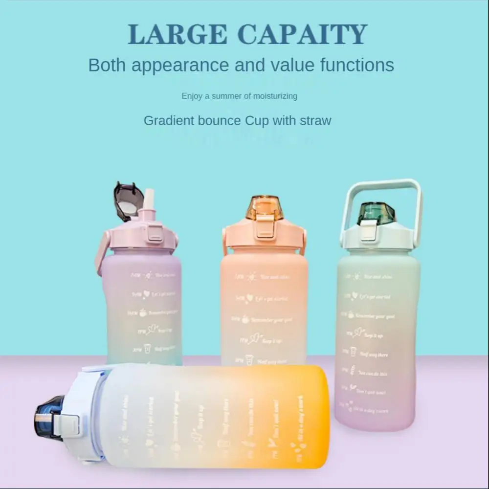 

2L Large Capacity Water Bottle with Bounce Cover Straw Cup Time Scale Frosted Couple Outdoorsports Bike Leakproof Water Bottle