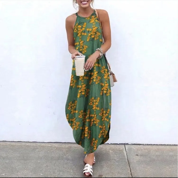 

European and American cross border one neck cotton hemp print dovetail suspender dress summer beach city leisure Women's clothin