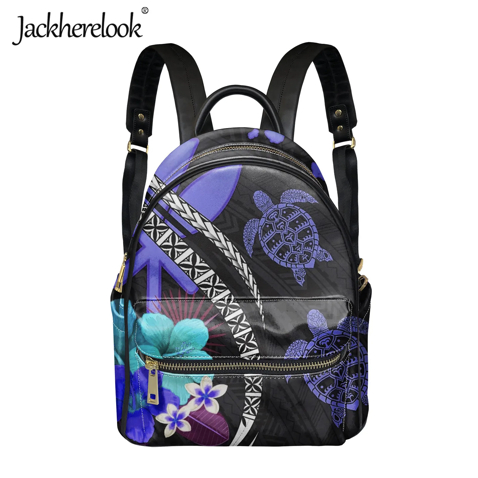 

Jackherelook Hibiscus Plumeria Sea Turtle Polynesian Pattern Women Backpack Female Satchel PU Leather Girl's Small Schoolbag