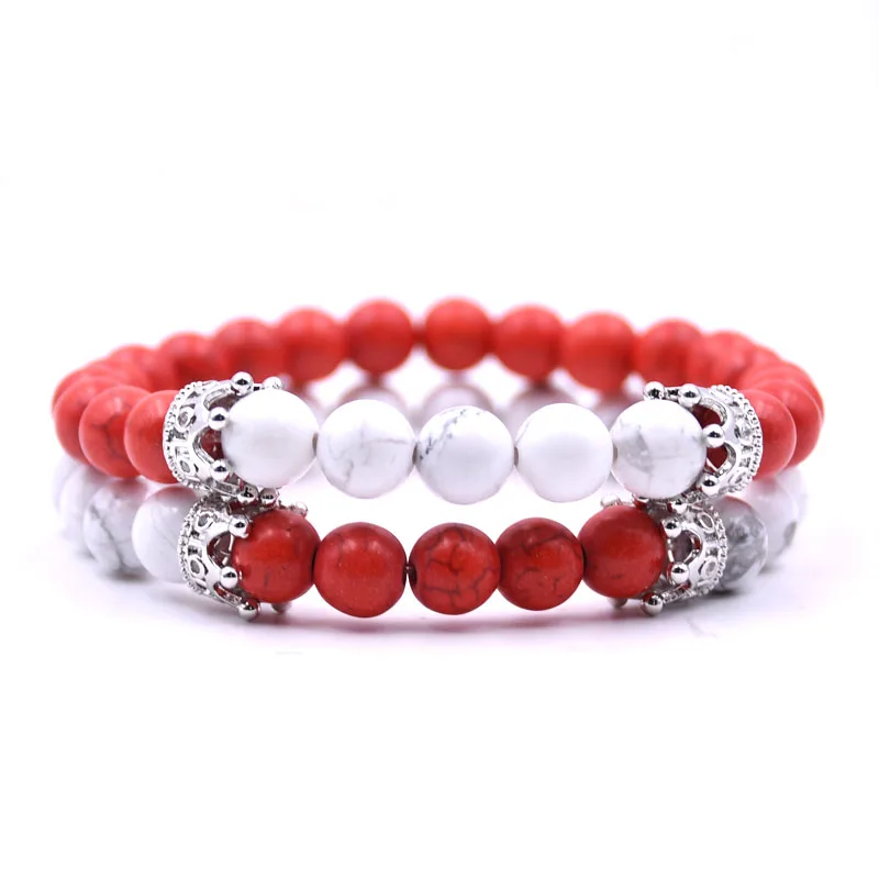 HYHONEY 2pcs/set Couple jewelry Natural stone 8mm Beads Bracelets For Women Pave CZ Crown charm Bracelet Men pulseiras | Украшения и