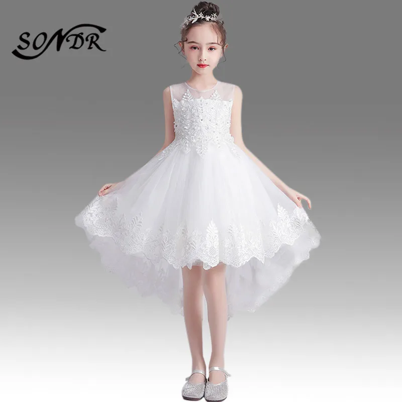 

Белое Цветочное платье для девочек HT007, кружевное детское свадебное платье с вышивкой, платье принцессы с бантом и жемчугом, платье с круглы...