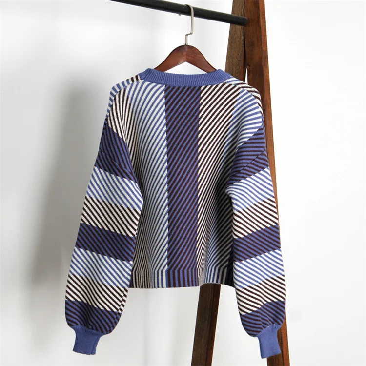 Женский вязаный свитер в полоску пуловер из двух предметов с круглым вырезом и
