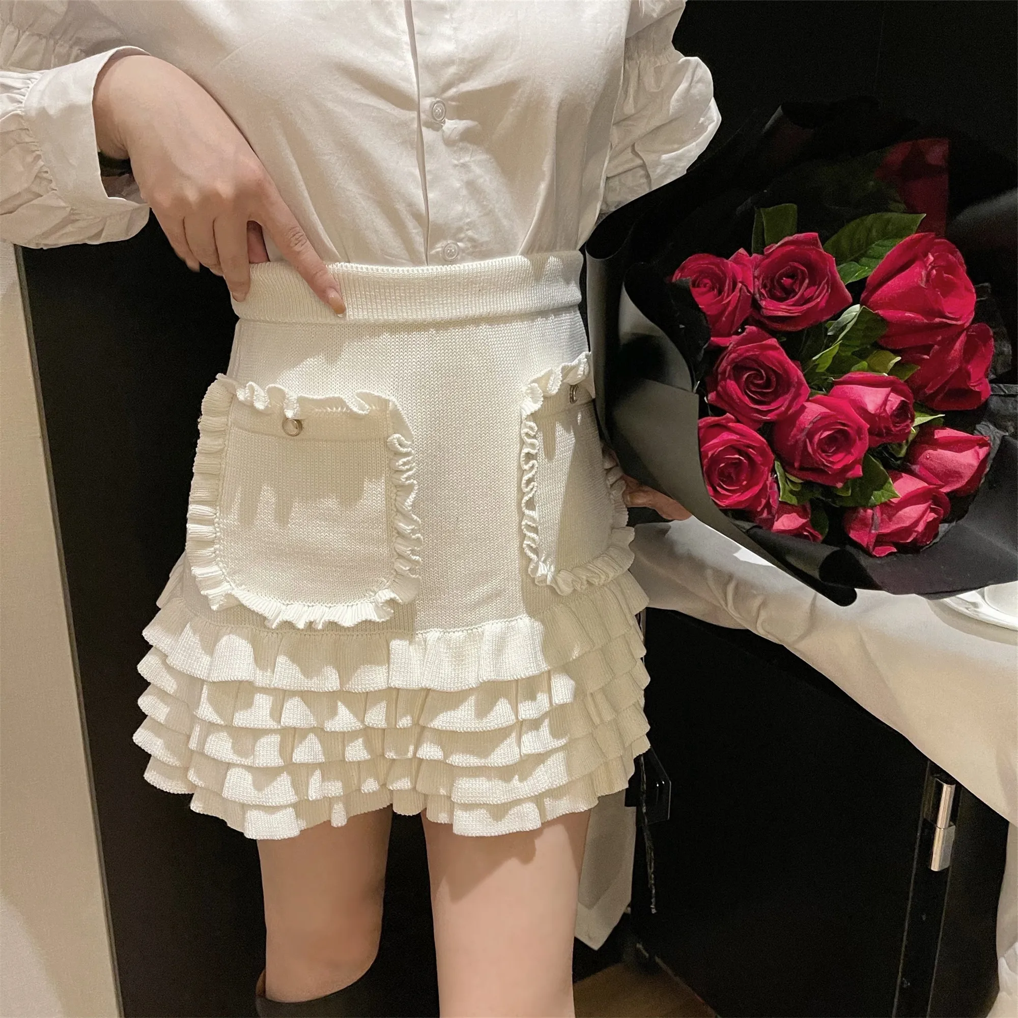 

Runway Skirt Women HIgh Waist Ruffles HIg Pack Mini Knitted Skirt White/Black harajuku Skirt