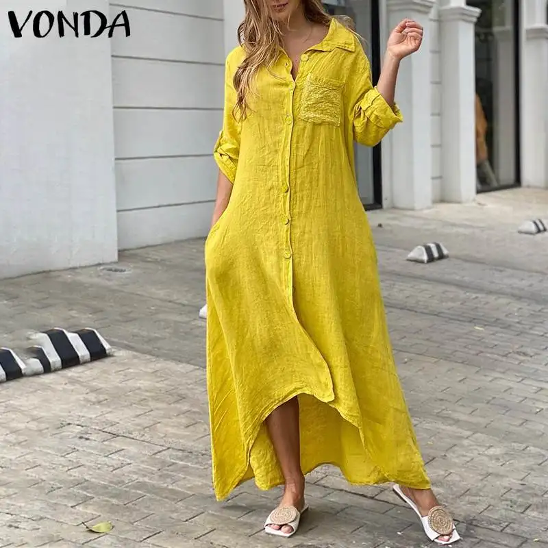 

Women Dress 2021 VONDA Solid Color Pleated Asymmetric Hem Long Maxi Dresses Casual Lapel Collar Button Up Long Sleeve Vestido