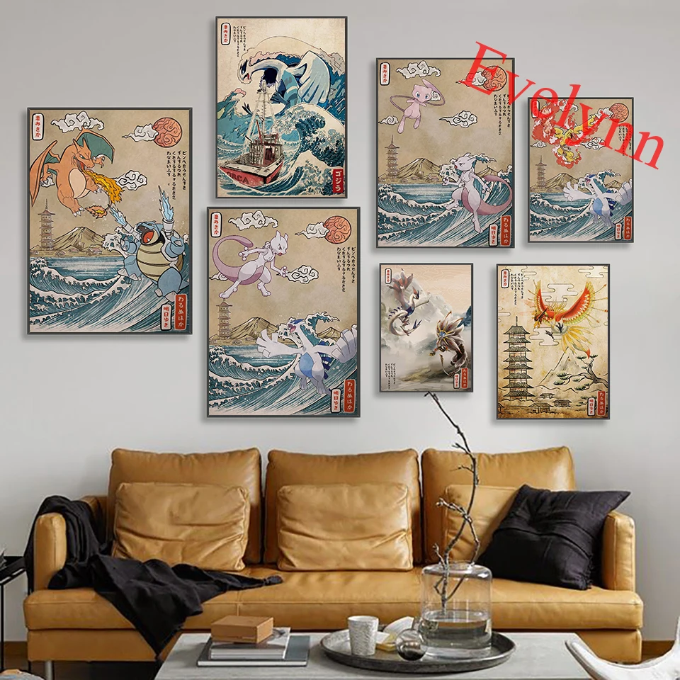 

Japanese Great Wave Pokemon Vintage Artwork Portrait Legendary Battle Canvas Poster And Prints Wall Picture Home Decor Pictures
